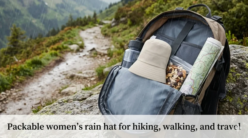 Packable women’s rain hat for hiking, walking, and travel