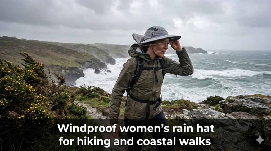 Windproof women’s rain hat for hiking and coastal walks