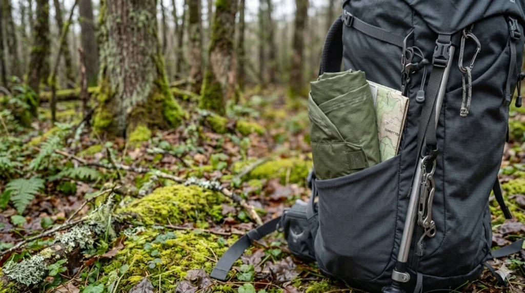 woman wearing packable rain hat hiking
