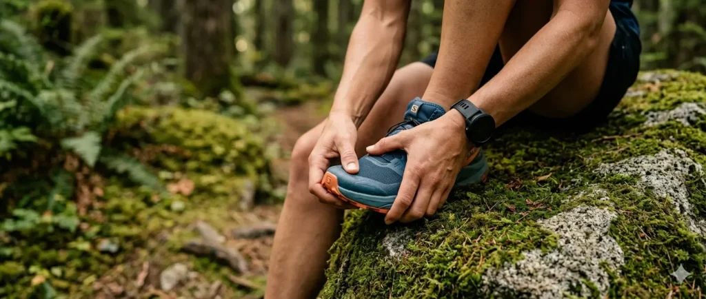checking how tight trail shoes should be with thumb width test