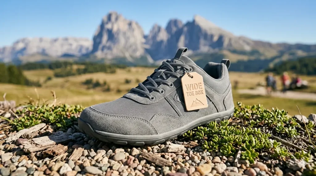 Woman walking comfortably wearing wide toe box shoes for travel