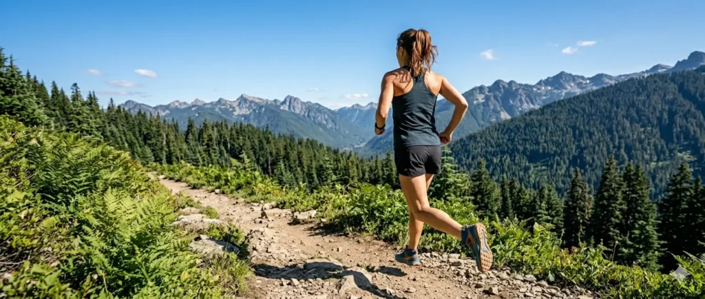 female trail runner in well fitting trail shoes on scenic mountain trail
