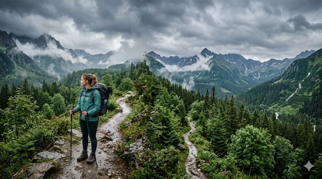 Woman wearing a packable rain jacket hiking on a misty mountain trail