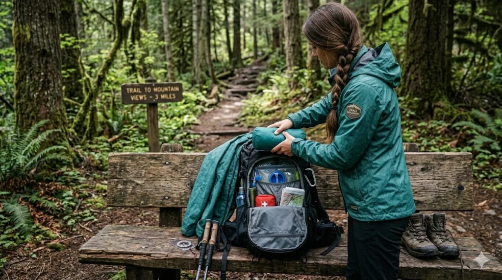 Woman packing a compact packable rain jacket into a hiking backpack before a trail hike