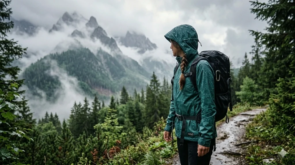 Female traveler wearing a lightweight packable rain jacket walking in a rainy city street