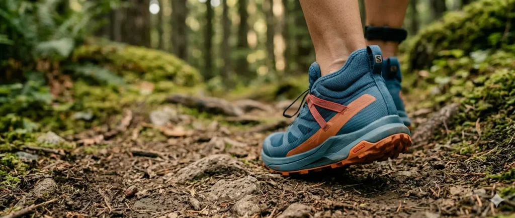 trail running shoe heel lockdown fit on dirt mountain trail