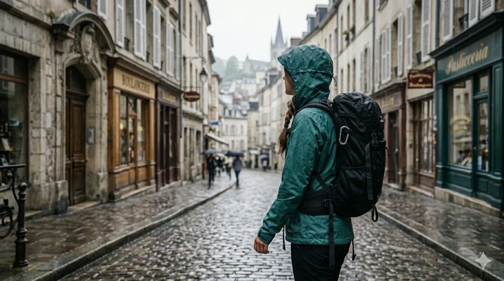 Woman hiking in light rain wearing a waterproof packable rain jacket with hood