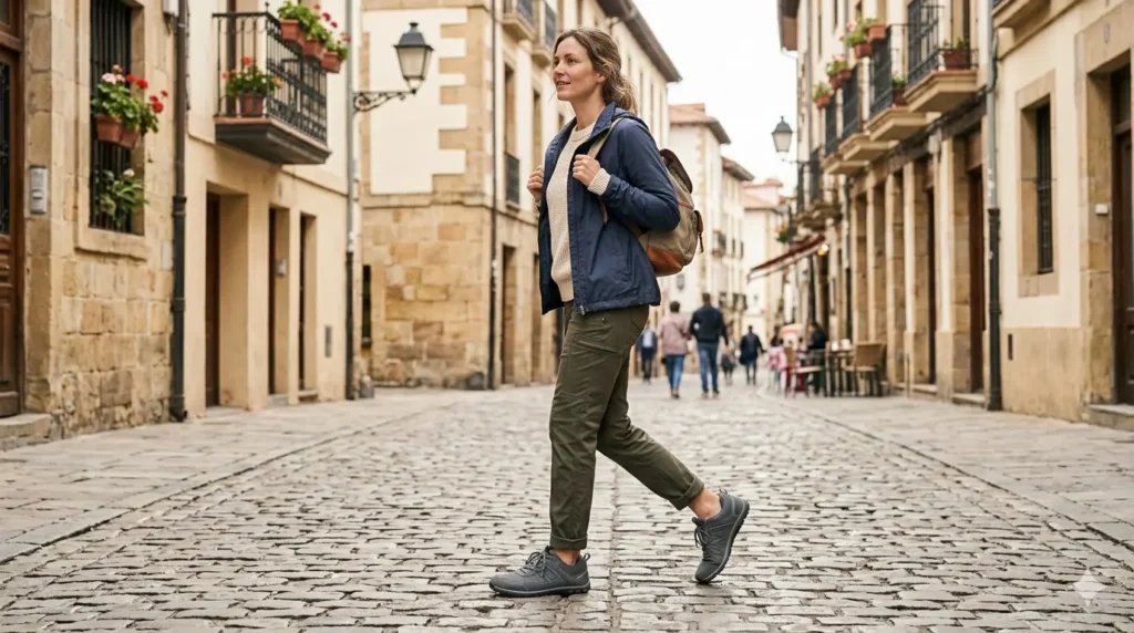 Woman walking comfortably wearing wide toe box shoes for travel