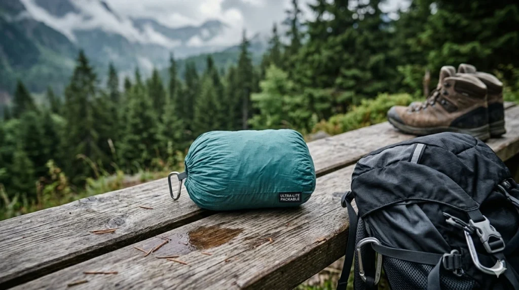 Women's packable rain jacket folded into a small pouch next to a hiking backpack