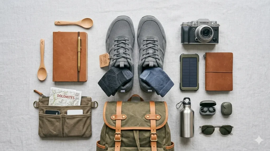 Women’s wide toe box shoes with travel accessories flat lay