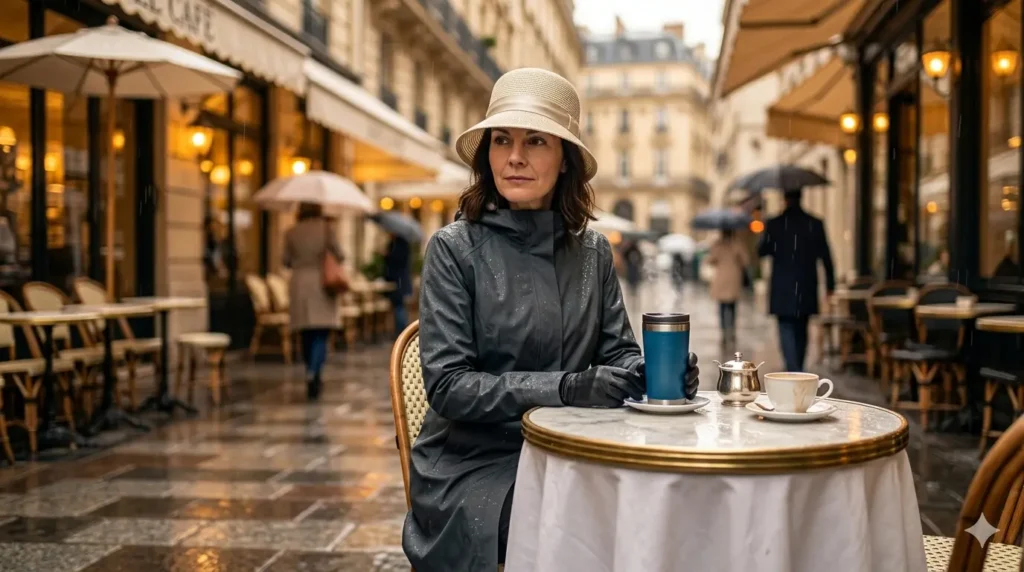 Elegant-woman-wearing-luxury-woven-bucket-hat-at-Paris-outdoor-cafe-in-light-rain.