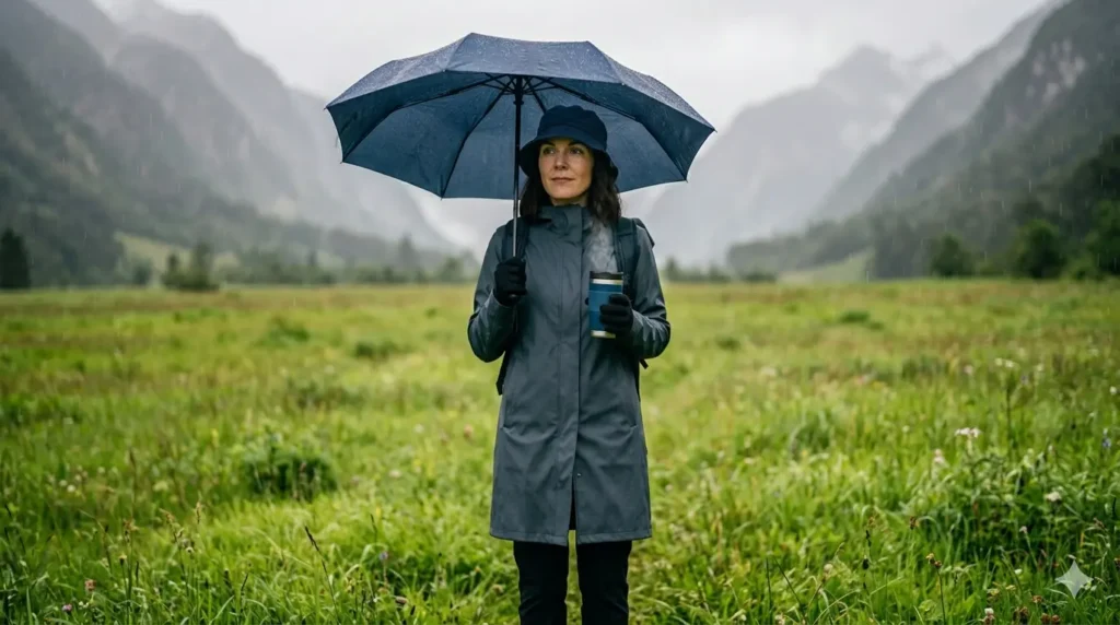 Woman-wearing-Patagonia-waterproof-bucket-hat-in-green-meadow-on-rainy-day.
