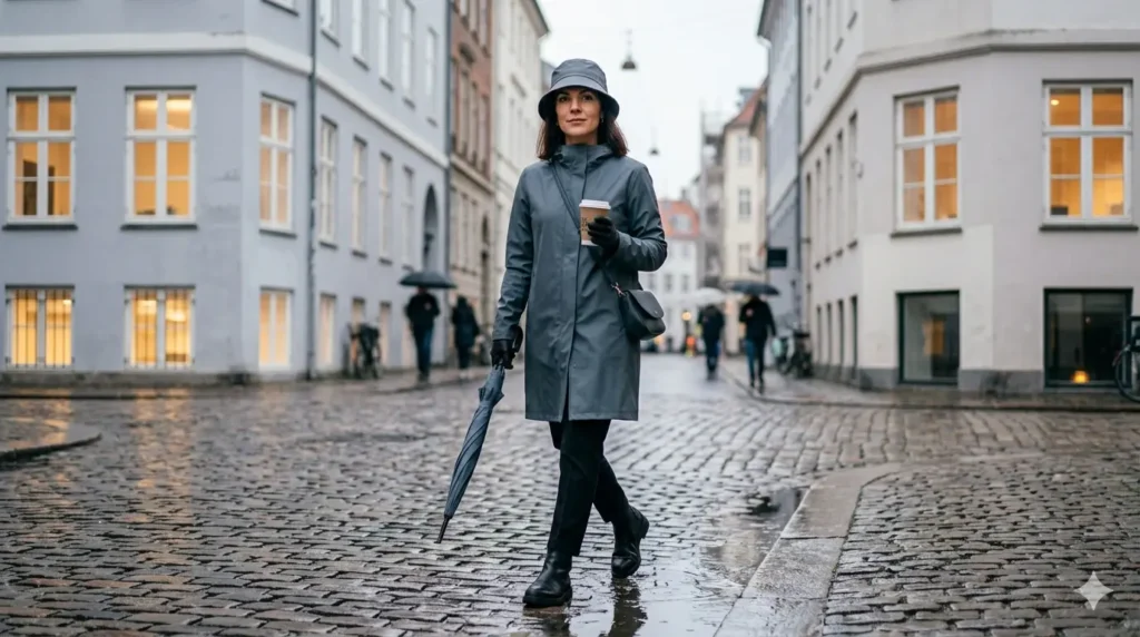 Woman-wearing-Rains-waterproof-bucket-hat-and-raincoat-on-wet-European-street