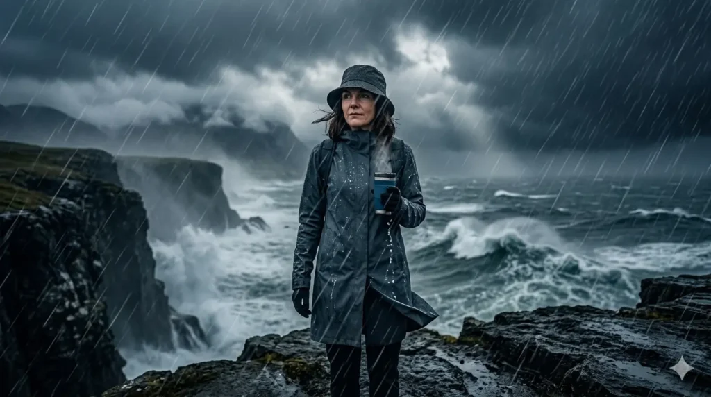 Woman-wearing-Sealskinz-waterproof-bucket-hat-in-heavy-rain-on-coastal-cliff