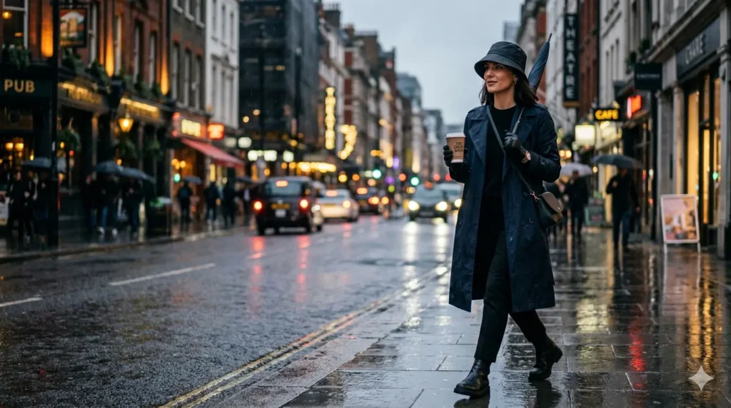 Woman-wearing-waterproof-bucket-hat-walking-in-rain-on-city-street