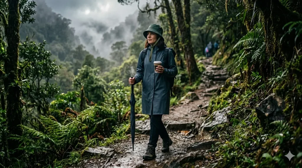 Woman-wearing-waterproof-bucket-hat-with-chin-strap-hiking-in-rainy-forest