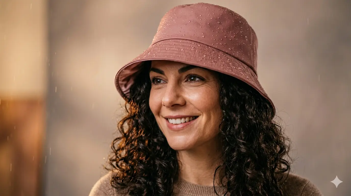 Woman-with-natural-hair-wearing-Hairbrella-satin-lined-waterproof-bucket-hat-in-rain