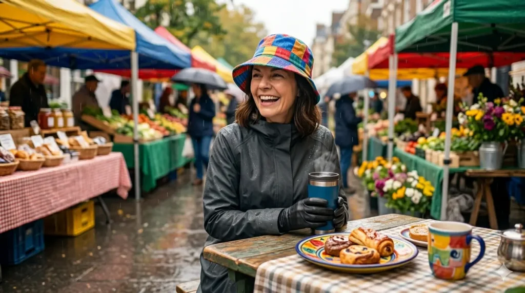 Young-woman-wearing-Columbia-waterproof-bucket-hat-at-outdoor-market-in-rain