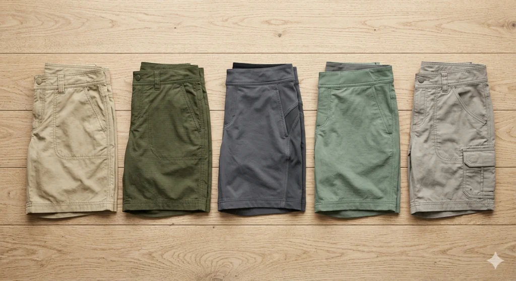 lat-lay-of-best-womens-hiking-shorts-in-different-colors-and-styles