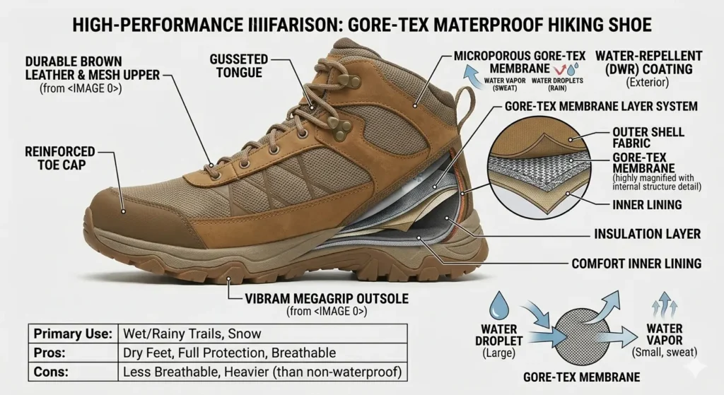 how gore tex waterproof hiking shoes work membrane layers