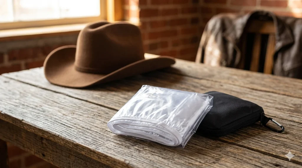 compact hat rain cover folded next to carrying pouch ready for travel