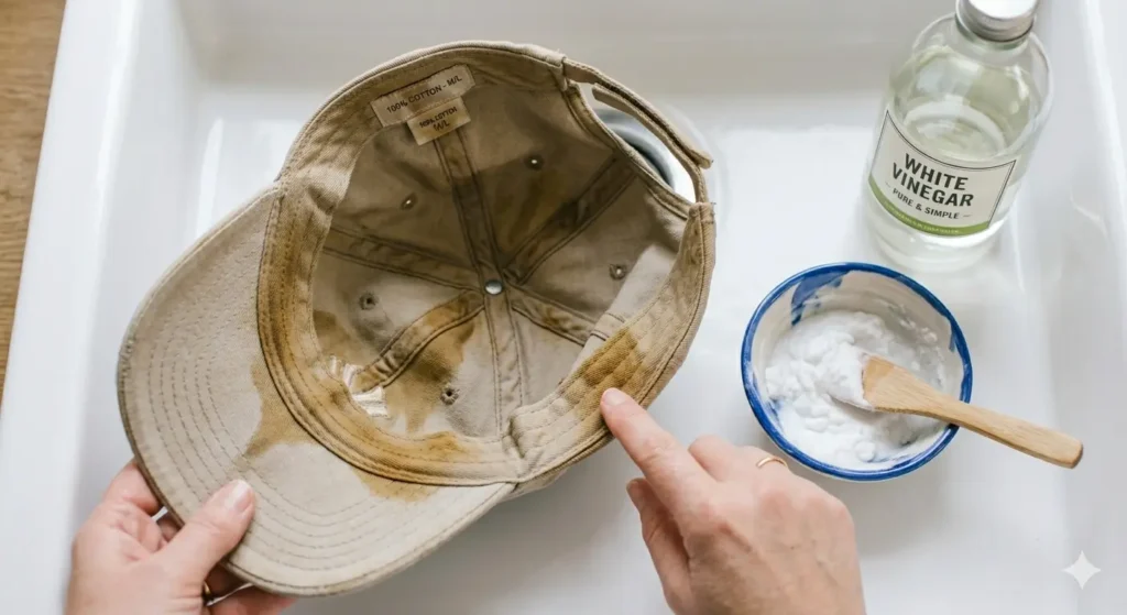 how to remove sweat stains from a hat using baking soda and vinegar