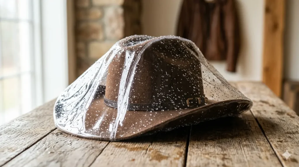 cover on cowboy hat with rain drops