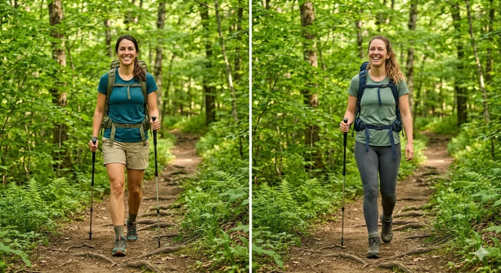 two women hiking side by side one wearing shorts one wearing leggings