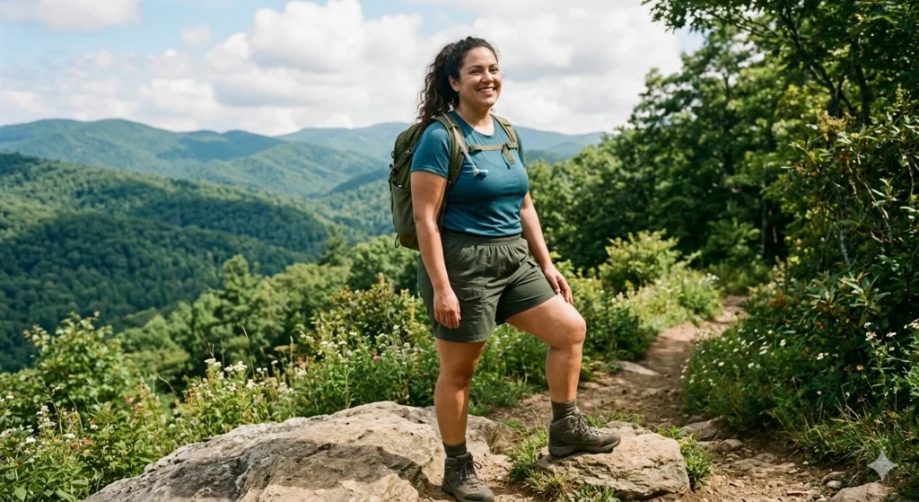  urvy-woman-wearing-comfortable-elastic-waist-hiking-shorts-on-scenic-trail