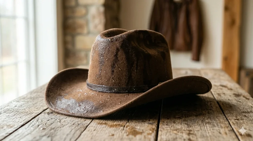 wet felt cowboy hat damaged from rain showing why a hat rain cover is needed