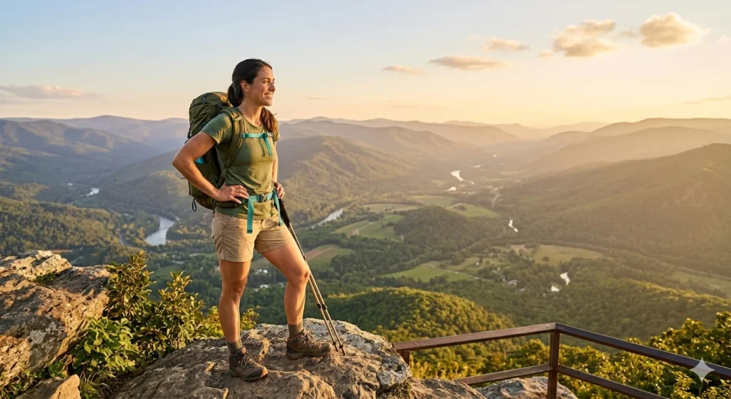 woman at mountain summit wearing hiking shorts with panoramic view