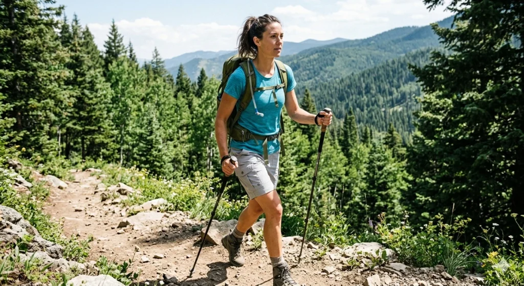  woman-hiking-on-mountain-trail-wearing-gray-hiking-cargo-shorts