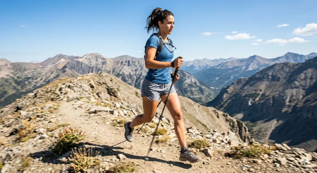 woman-hiking-on-sunny-ridge-trail-wearing-lightweight-breathable-hiking-shorts