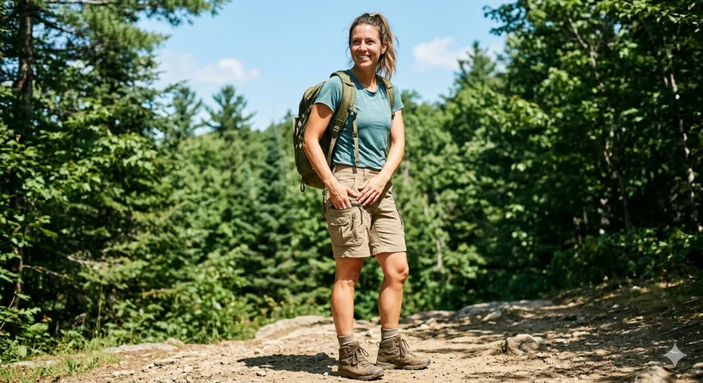  woman-showing-zippered-cargo-pockets-on-hiking-shorts-on-sunny-trail