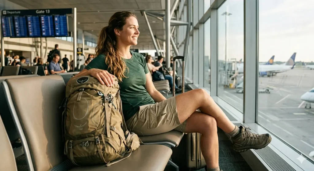 woman-traveler-in-airport-wearing-hiking-cargo-shorts-with-backpack
