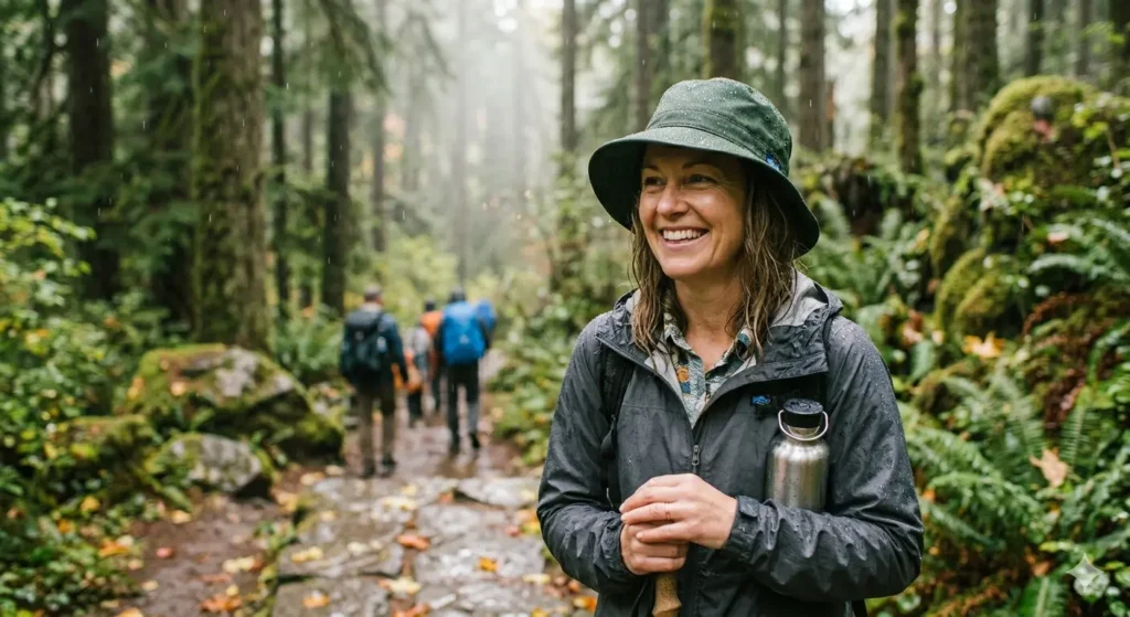 woman wearing clean waterproof bucket hat on hiking trail