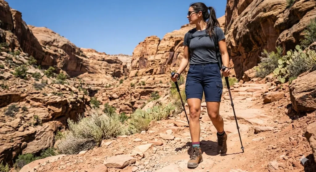  woman-wearing-high-rise-stretch-cargo-shorts-hiking-in-desert-canyon