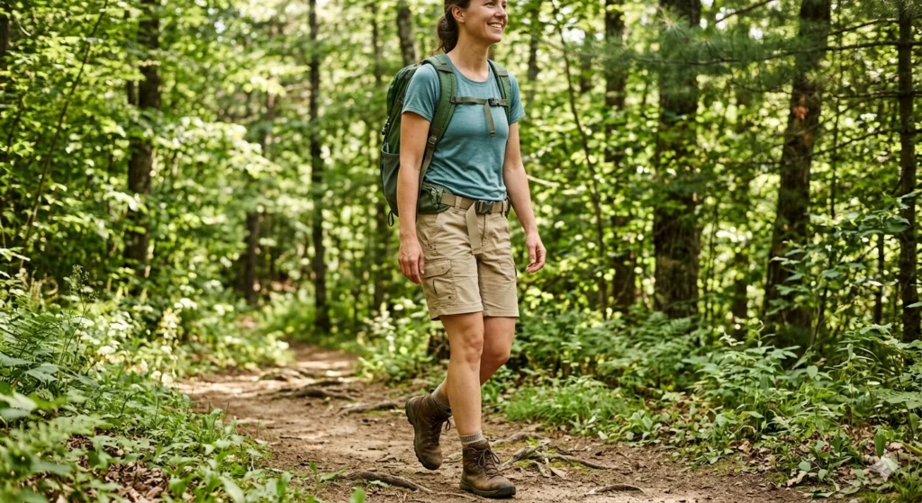 woman-wearing-lightweight-tan-cargo-hiking-shorts-on-forest-trail