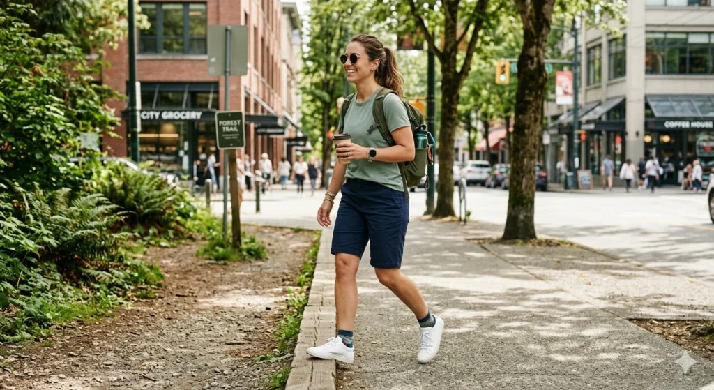  woman-wearing-navy-bermuda-hiking-shorts-walking-from-trail-to-town