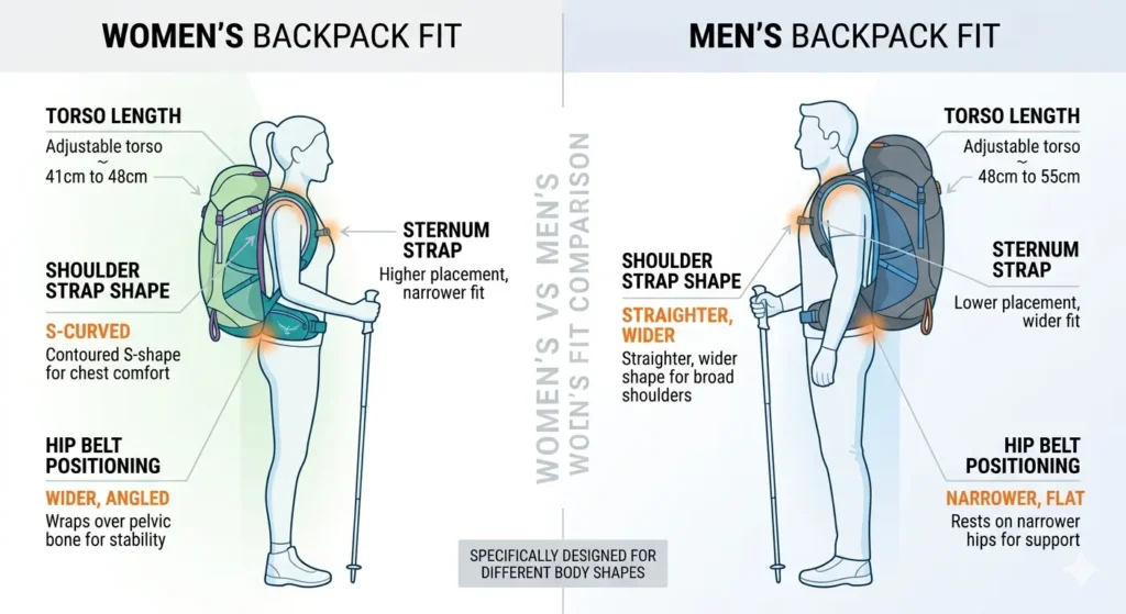 difference between womens and mens hiking backpack fit