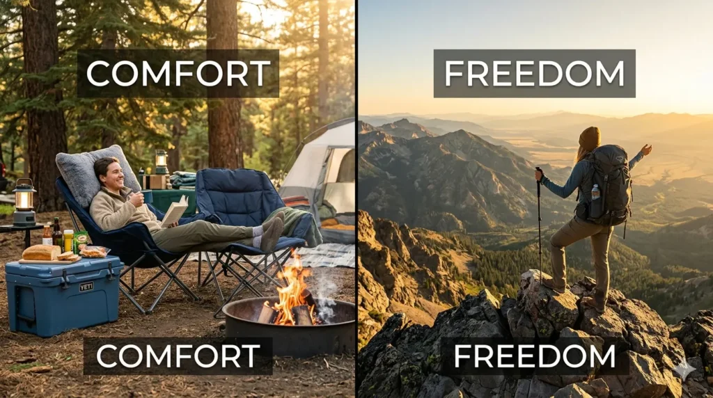 Comfort vs freedom comparison showing cozy camping setup on left and backpacker at mountain peak on right