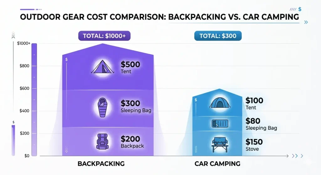 Cost comparison chart showing backpacking gear prices higher than car camping gear prices