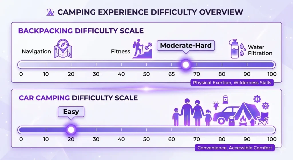 Difficulty scale infographic showing backpacking rated moderate-hard and car camping rated easy