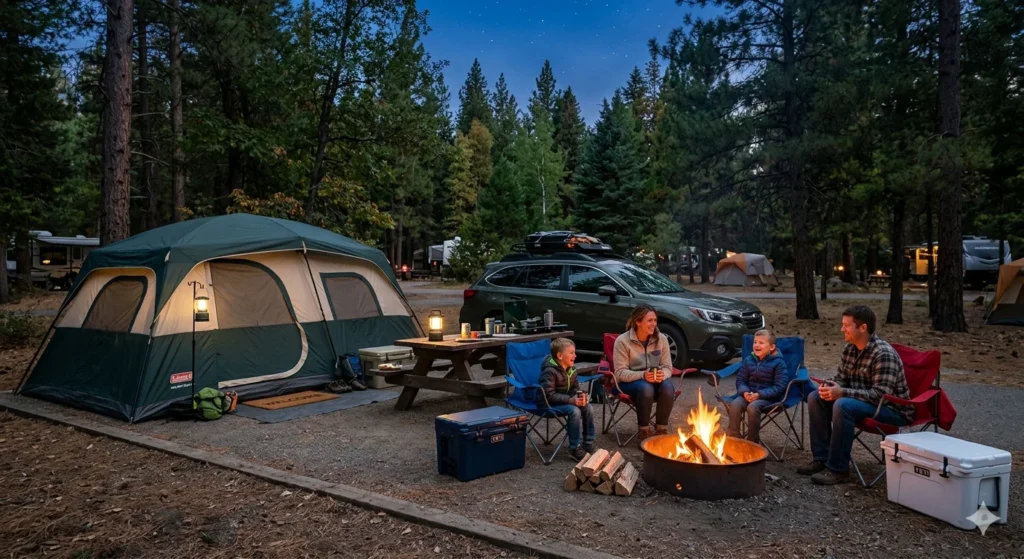 Family gathered around campfire at car camping site with large tent and SUV in background