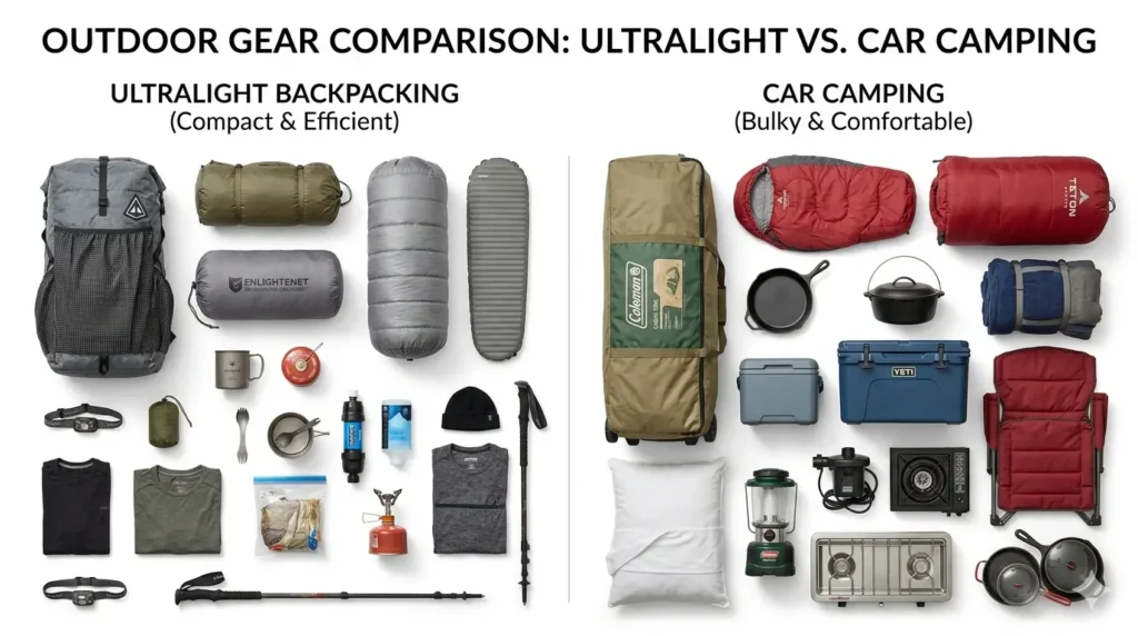 Gear comparison flat lay showing compact ultralight backpacking equipment on left and bulky car camping gear on rig