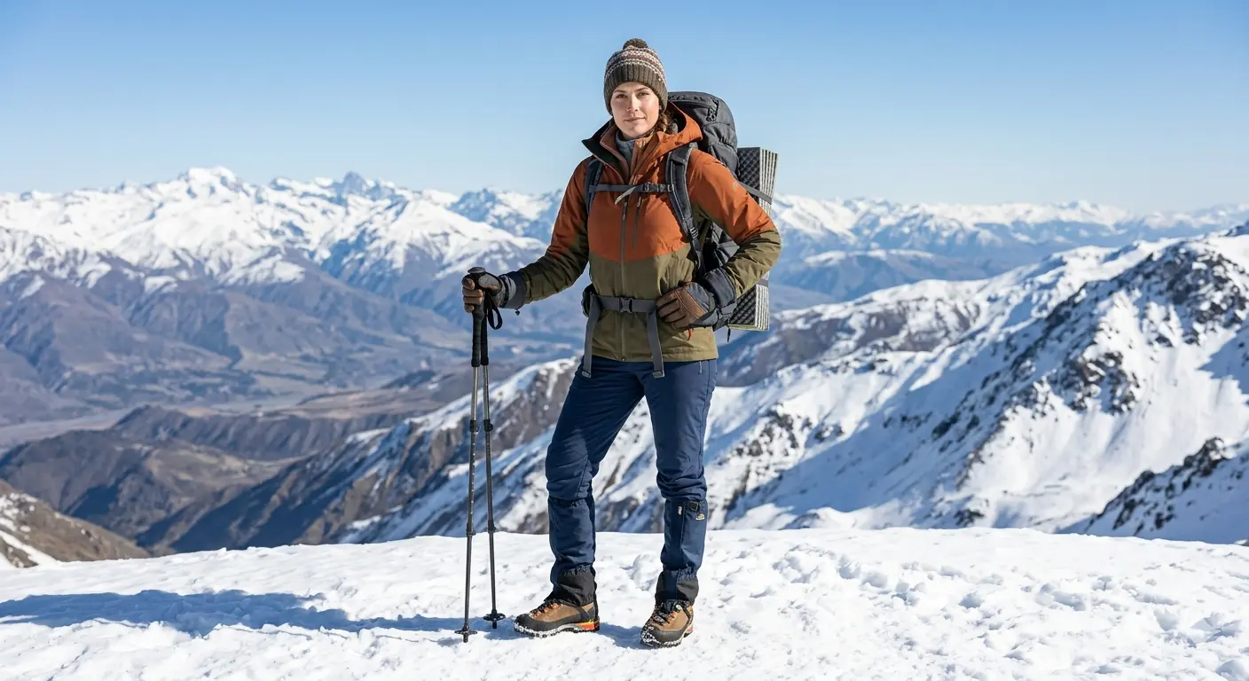 Hiker carefully navigating steep snowy slope with exposed rocky sections using proper winter hiking boots