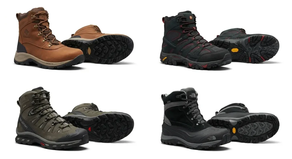 Infographic comparing snowboard boots vs hiking boots showing flex rating, insulation, sole design, and ankle suppo