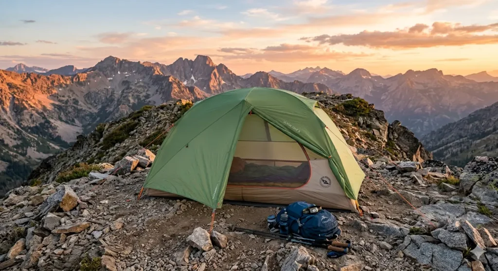 Lightweight 2-person backpacking tent set up on mountain ridge at sunset in remote wilderness