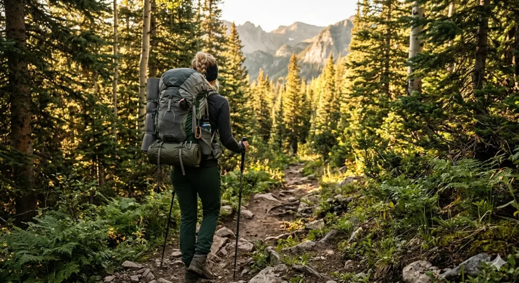 Solo backpacker from behind carrying loaded backpack hiking on mountain trail through forest