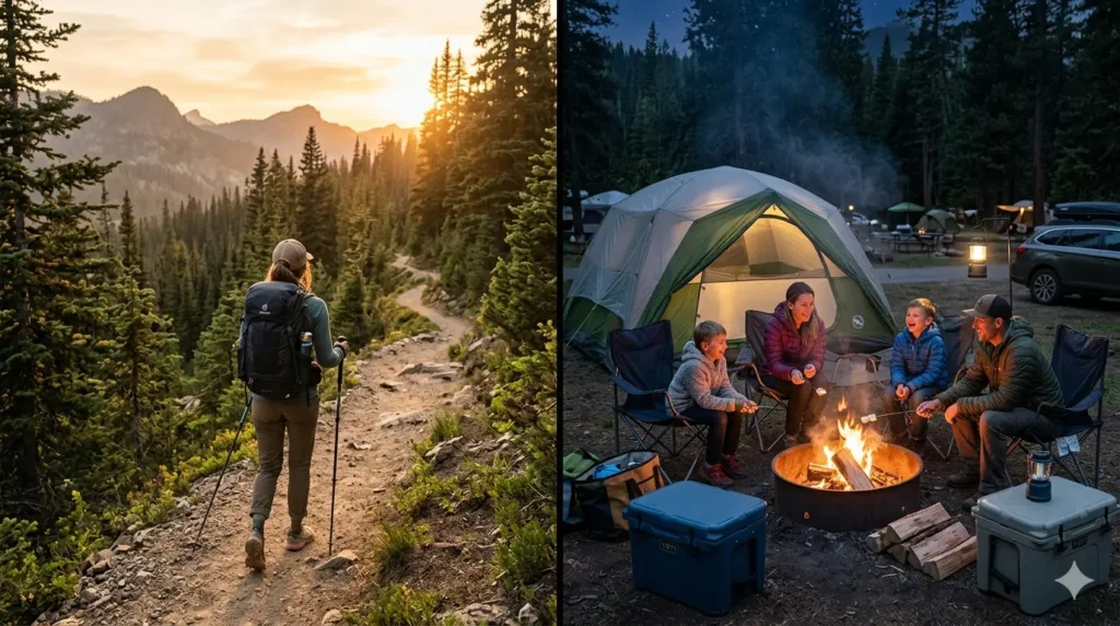 Split screen comparison showing backpacker on mountain trail left side and family car camping around fire on right side